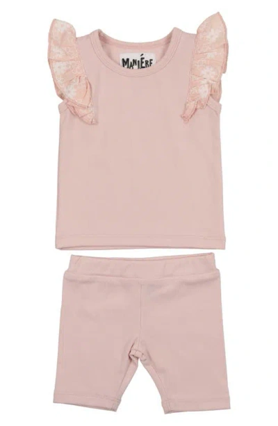 Maniere Babies' Flutter Sleeve Top & Shorts Set In Pale Pink