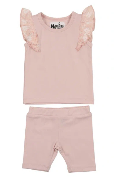 Maniere Flutter Sleeve Top & Shorts Set In Pale Pink