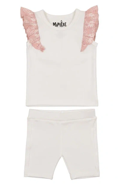 Maniere Babies' Flutter Sleeve Top & Shorts Set In White