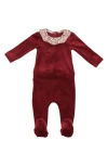 Maniere Babies' Manière Floral Print Collar Velour Footie In Ruby
