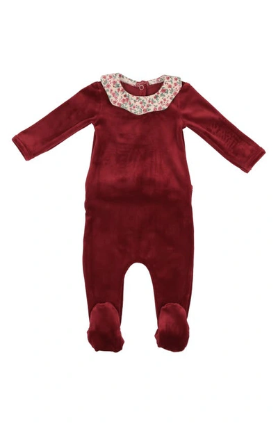 Maniere Babies' Manière Floral Print Collar Velour Footie In Ruby