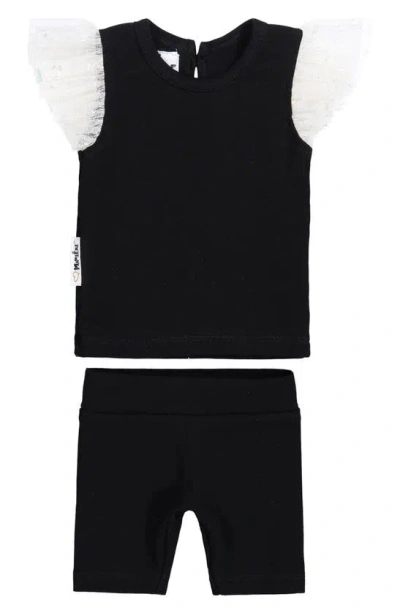 Maniere Babies' Glitter Mesh Top & Shorts Set In Black