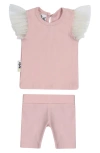 Maniere Babies' Glitter Mesh Top & Shorts Set In Mauve