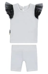 Maniere Babies' Glitter Mesh Top & Shorts Set In White/ Black