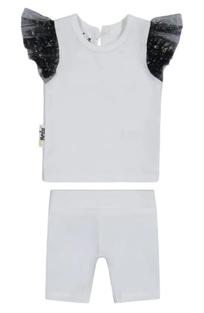 Maniere Babies' Glitter Mesh Top & Shorts Set In White/ Black