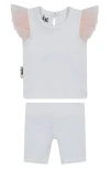 Maniere Babies' Manière Glitter Mesh Top & Shorts Set In White/ Mauve