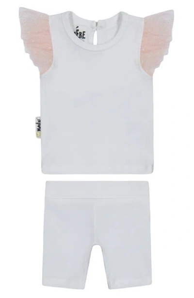 Maniere Babies' Glitter Mesh Top & Shorts Set In White/ Mauve