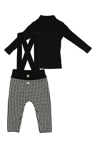Maniere Babies' Kids' Noovel Houndstooth Knit Turtleneck Sweater & Overalls Set In Black