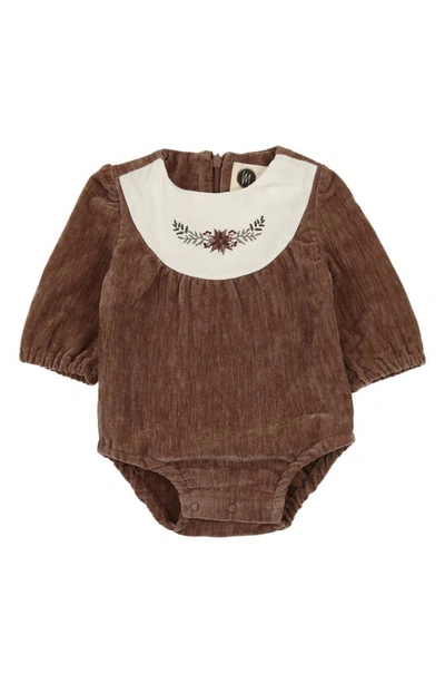 Maniere Babies' Kids' Poinsettia Embroidered Velour Bubble Romper In Brown