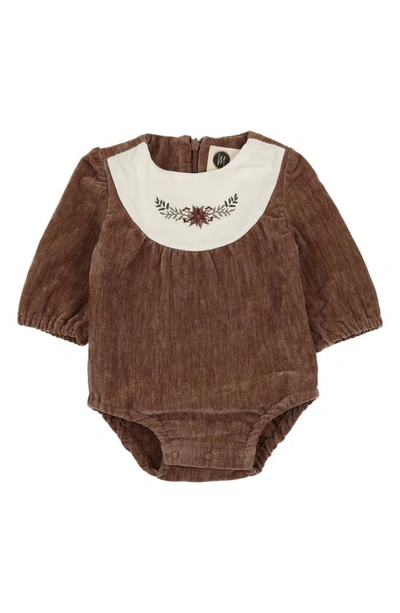 Maniere Babies' Manière Kids' Poinsettia Embroidered Velour Bubble Romper In Brown