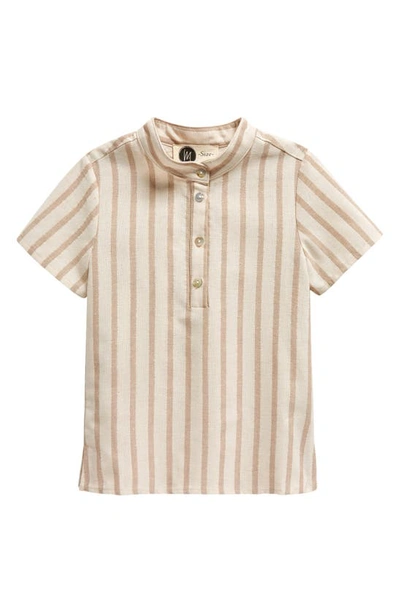 Maniere Manière Kids' Stripe Stretch Cotton Band Collar Henley In Sand