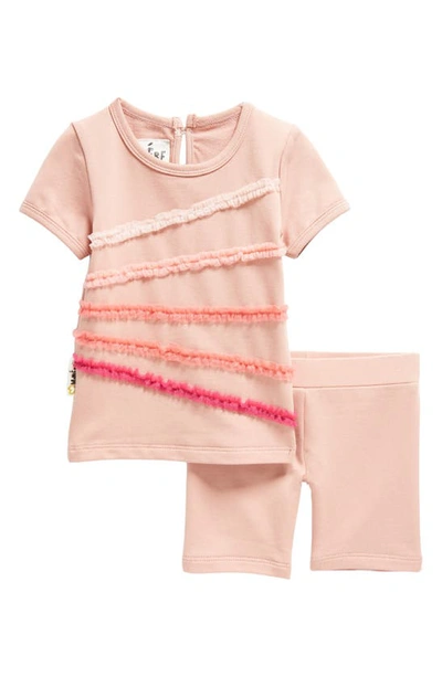 Maniere Babies' Ruffle Stripe T-shirt & Shorts Set In Mauve
