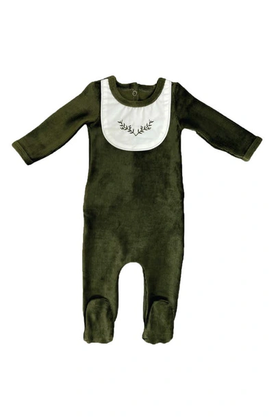 Maniere Babies' Sprig Embroidered Bib Corduroy Footie In Olive
