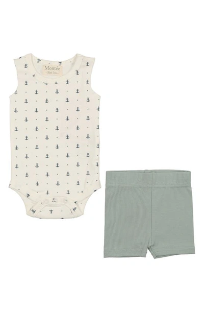 Maniere Babies' Stretch Cotton Bodysuit & Shorts Set In Anchor/mint