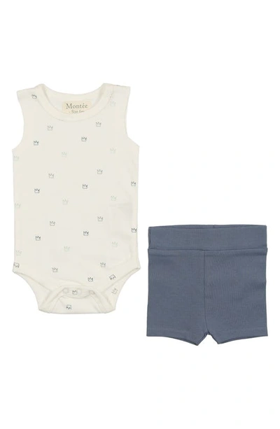 Maniere Babies' Stretch Cotton Bodysuit & Shorts Set In Blue