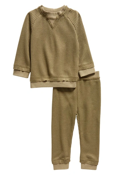 Maniere Kids' Manière Waffle Knit Long Sleeve Top & Joggers Set In Sage