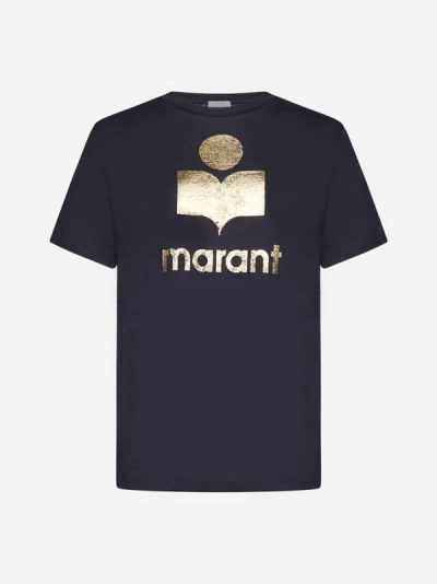 Marant Etoile Zewel Logo Linen T-shirt In Faded Night,gold