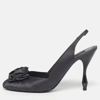 Pre-owned Marc Jacobs Size 39 Navy Blue Satin Flower Slingback Pumps
