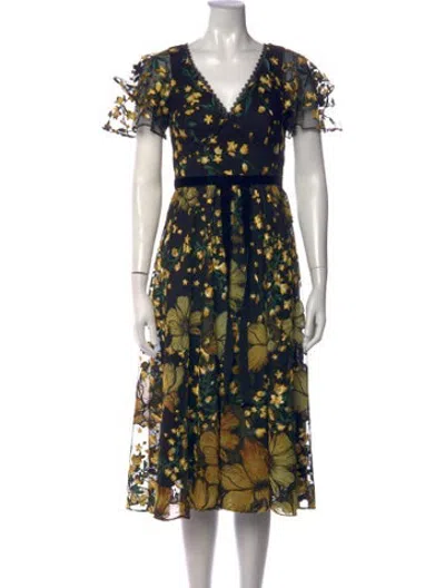Pre-owned Marchesa Floral Print Midi Length Dress W/ Tags In Blue