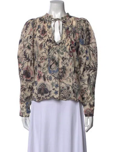 Pre-owned Mariacher. Floral Print Tie Neck Blouse In White