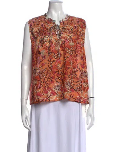 Pre-owned Mariacher. Floral Print Tie Neck Top In Orange