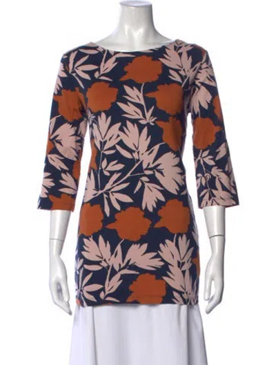 Pre-owned Marimekko Floral Print Bateau Neckline Top In Blue