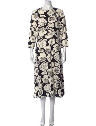 Pre-owned Marimekko Floral Print Midi Length Dress In Black