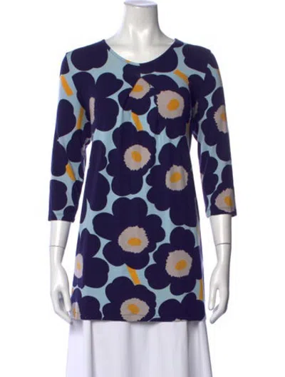 Pre-owned Marimekko Floral Print Scoop Neck Top In Blue