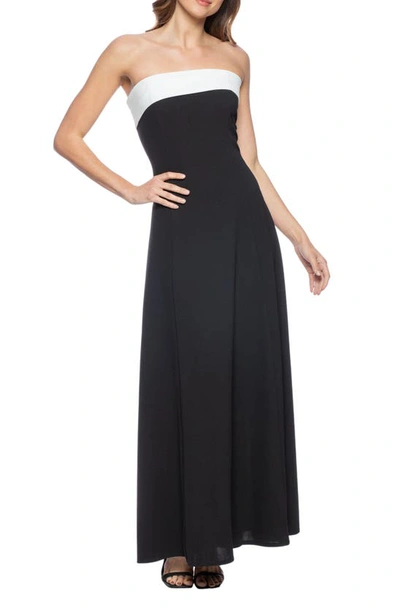 Marina Scuba Strapless Evening Gown In Black/ Ivory
