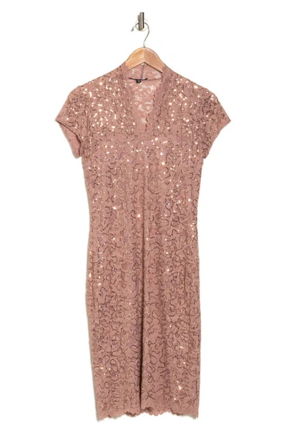 Marina Sequin Lace Cap Sleeve Sheath Dress In Blush