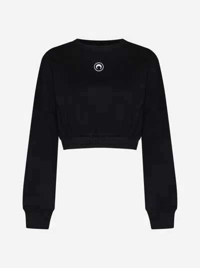 Marine Serre Logo Cotton Cropped Sweatshirt In Black