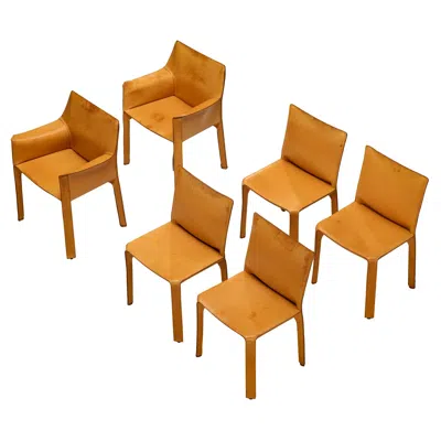 Pre-owned Mario Bellini For Cassina Set Of Six �cab 412 & 413� Chairs In Cognac Leather In Orange