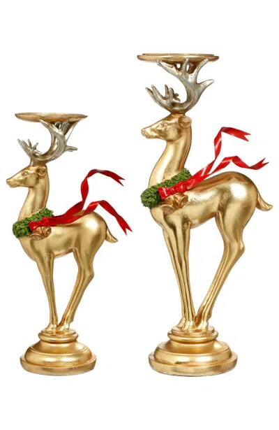 Mark Roberts Holiday Deer On Pedestal Candle Holder, Set Of 2 In Gold