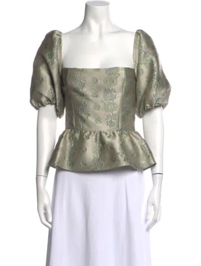 Pre-owned Markarian Floral Print Square Neckline Top In Green