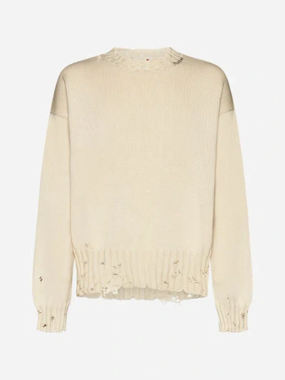 Marni Destroyed Cotton Sweater In Beige