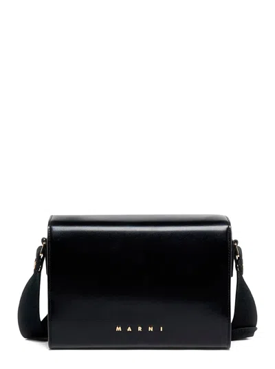 Marni Kids Vivian Mini Logo Flap Shoulder Handbag With Adjustable Strap And Patent Finish In Black