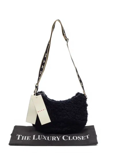 Pre-owned Marni Logo-strap Shearling Crossbody Bag In Black