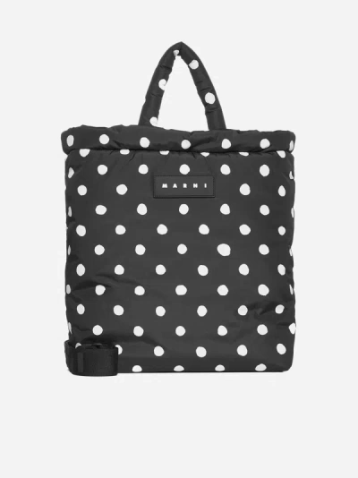 Marni Polka-dot Fabric Large Tote Bag In Black