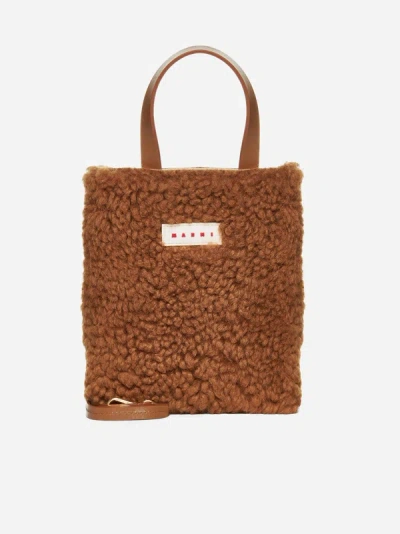 Marni Shearling And Leather Mini Tote Bag In Bisquit