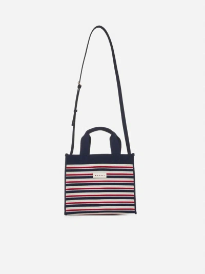 Marni Striped Canvas Small Shopping Bag In Marine,ivory,red