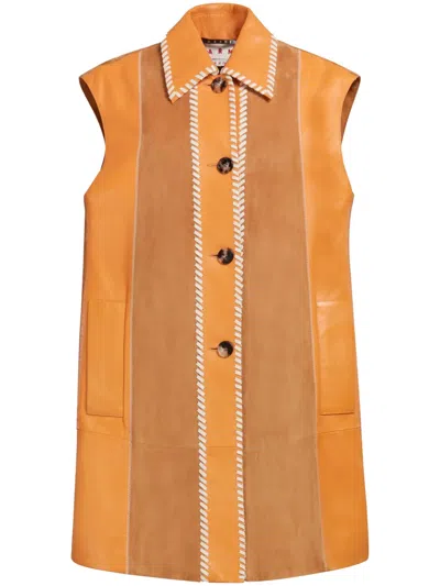 Marni Striped Whipstitch-trim Leather Waistcoat In Orange