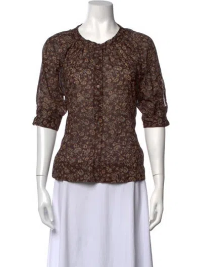 Pre-owned Masscob Floral Print Scoop Neck Blouse In Brown