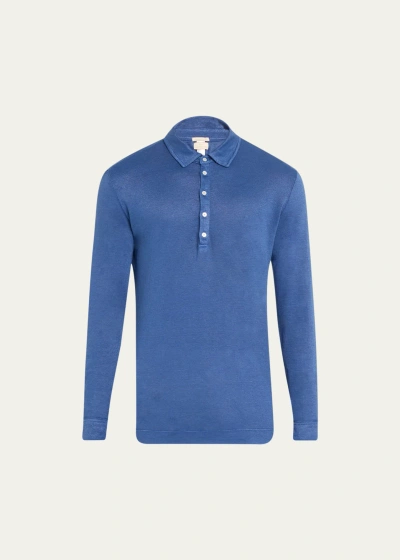 Massimo Alba Men's Linen Pique Long-sleeve Polo Shirt In Blue Massaua