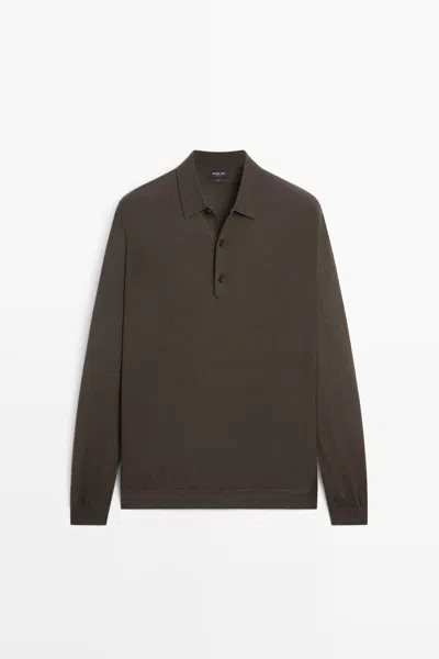 Massimo Dutti 100% Merino Wool Knit Polo Sweater In Brown