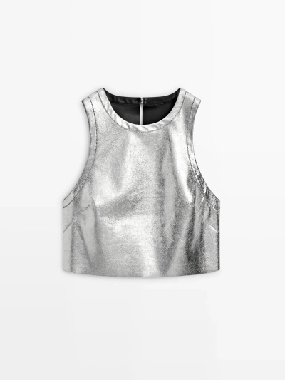 Massimo Dutti Reversible Metallic Leather Top In Silver