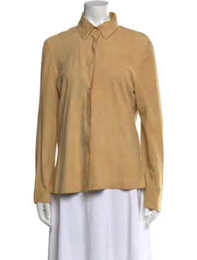 Pre-owned Massimo Rebecchi Lamb Leather Long Sleeve Button-up Top In Neutrals