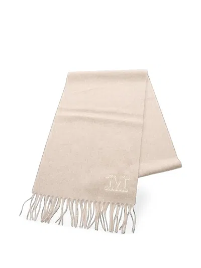 Pre-owned Max Mara 2020s Monogram-embroidered Fringed Scarf In Neutrals