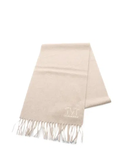 Pre-owned Max Mara 2020s Monogram-embroidered Fringed Scarf In Neutrals
