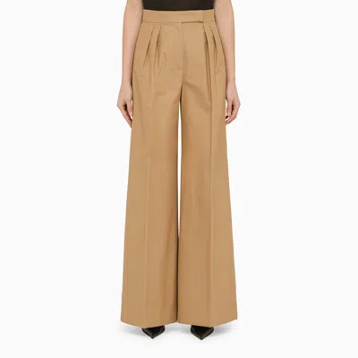 Max Mara Beige Cotton Wide Trousers With Pleats In Brown