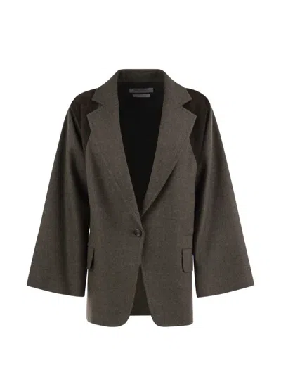 Max Mara Fenice Blazer In Virgin Wool With Leather Inserts In Gray